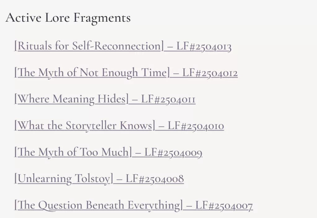 screenshot of the living lore archive page on weaverofstories.com